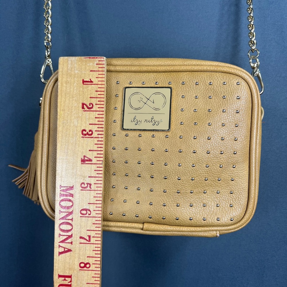 Itzy Ritzy Mustard Yellow Studded Crossbody Bag Tassel Camera Bag Gold Chain - Picture 7 of 16